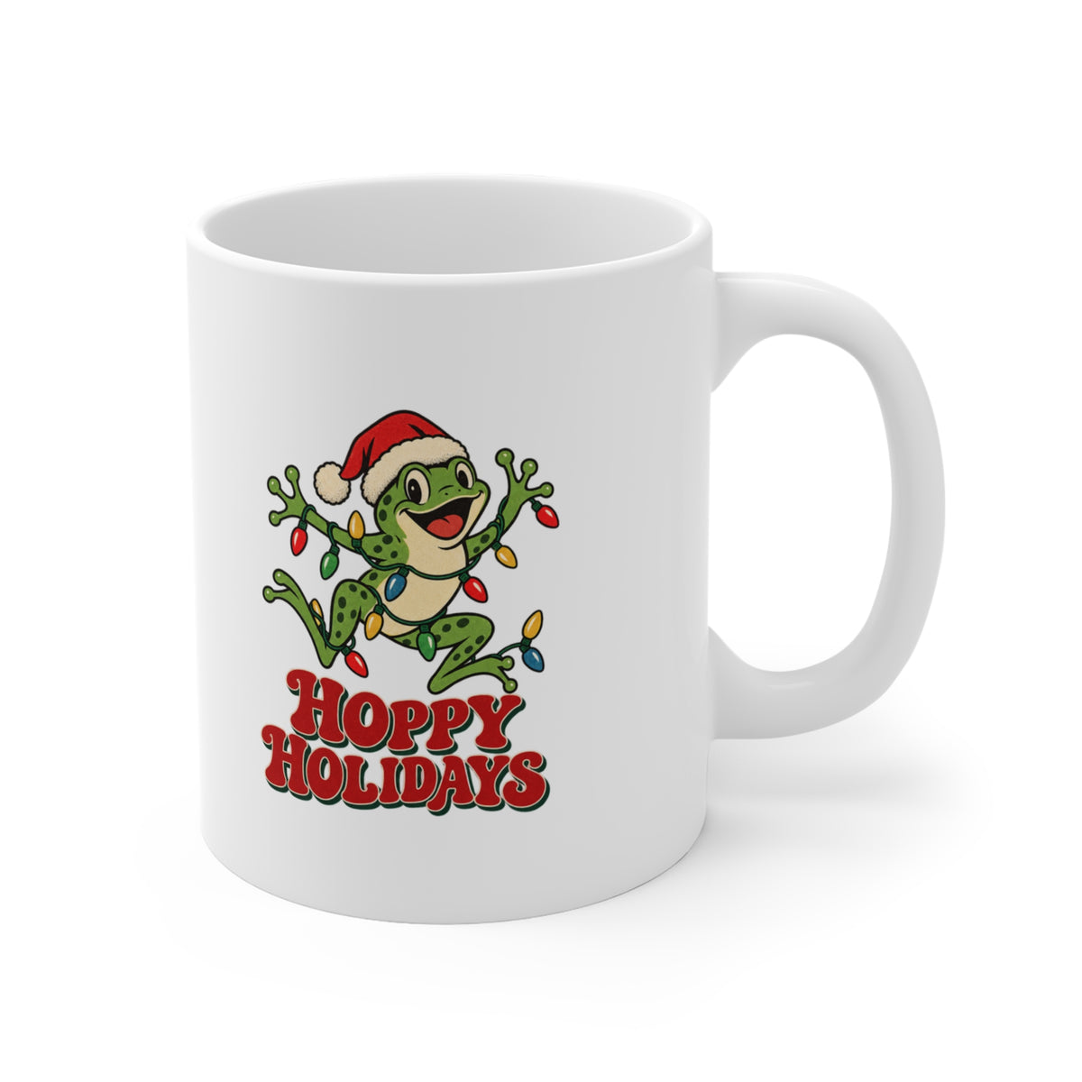 Hoppy Holidays Frog in Christmas Lights Mug, Frog Christmas Coffee Mug 11oz lifestyle