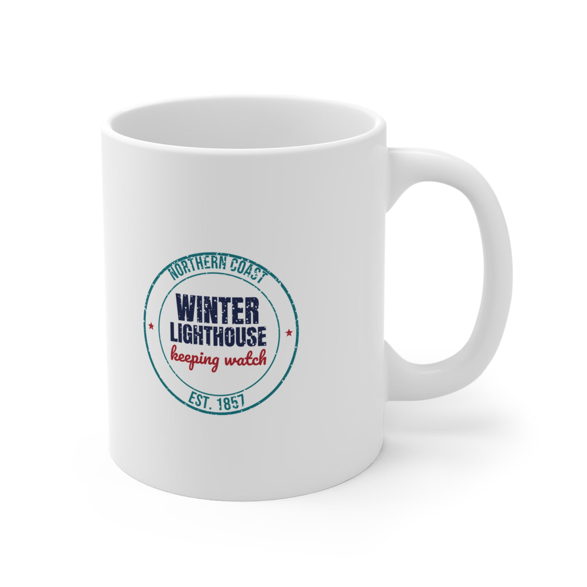 Northern Coast Winter Lighthouse Est. 1857 Mug, Vintage Winter Coffee Mug 11oz lifestyle
