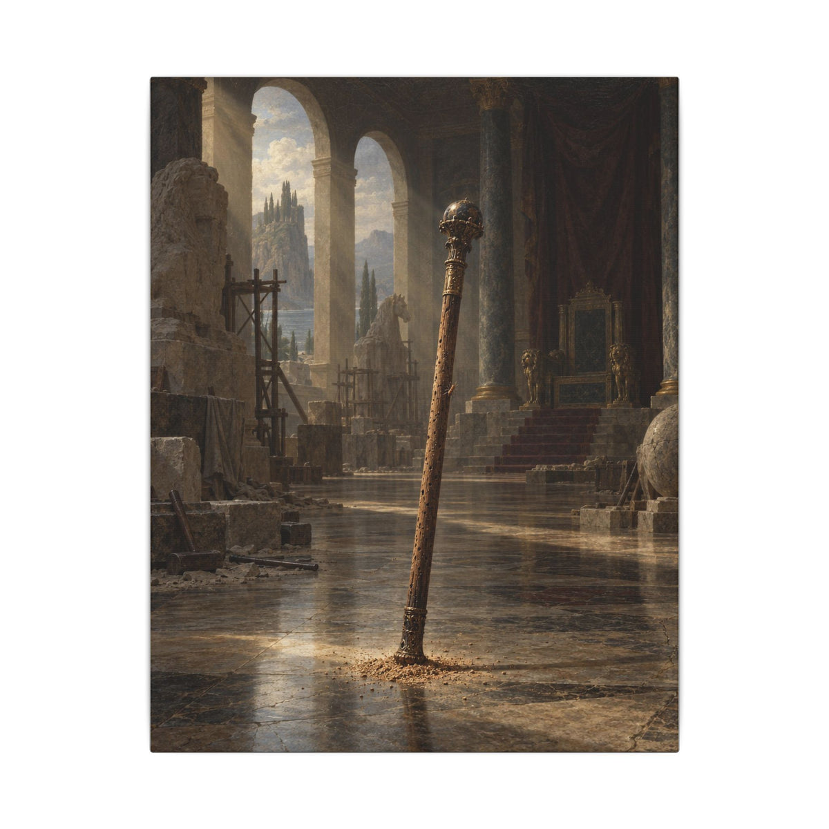 The Staff in the Empty Throne Room Canvas Wall Art, Symbolic Oil Painting Print, By Xudeyda
