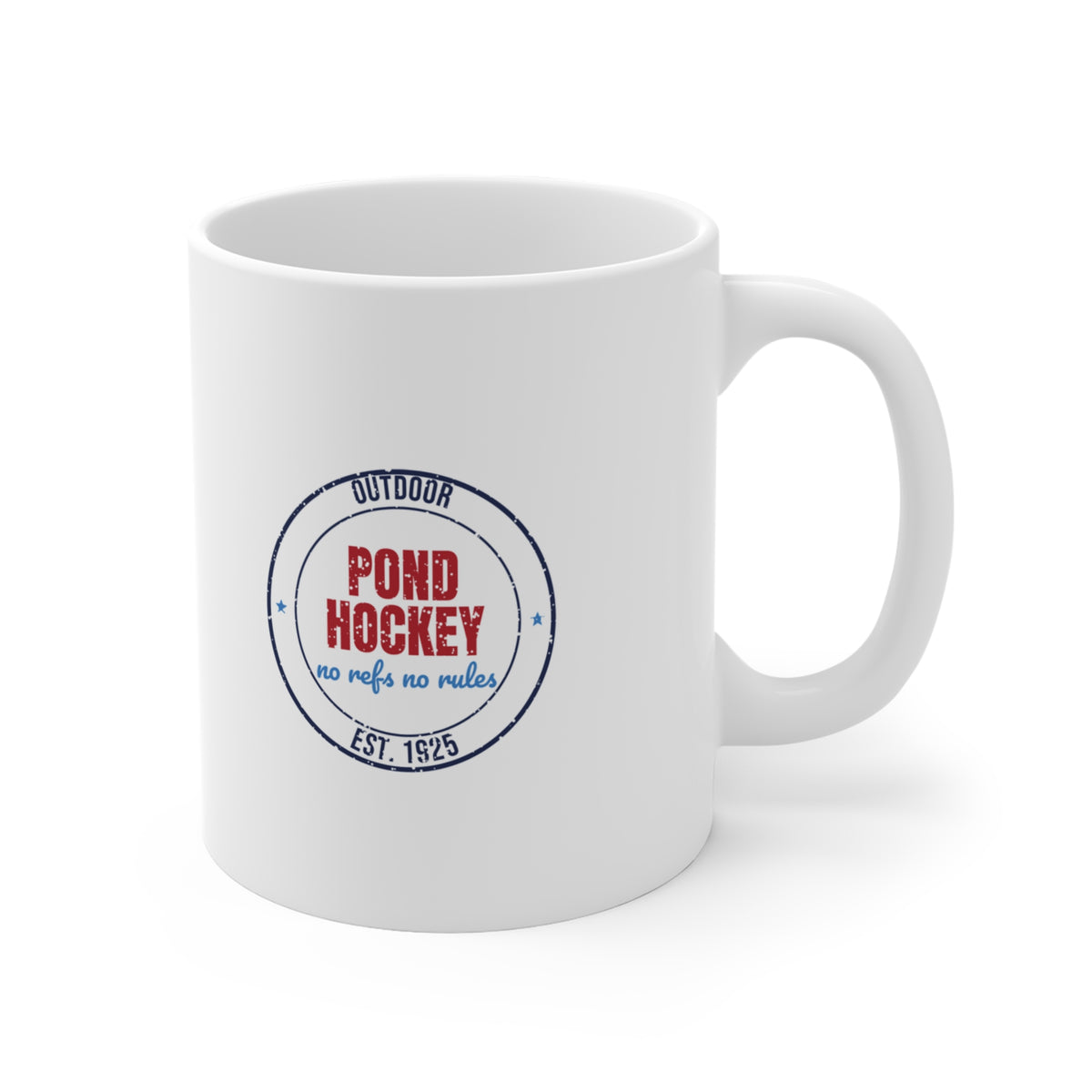 Outdoor Pond Hockey No Refs No Rules Est. 1925 Mug, Vintage Pond Hockey Coffee Mug 11oz lifestyle