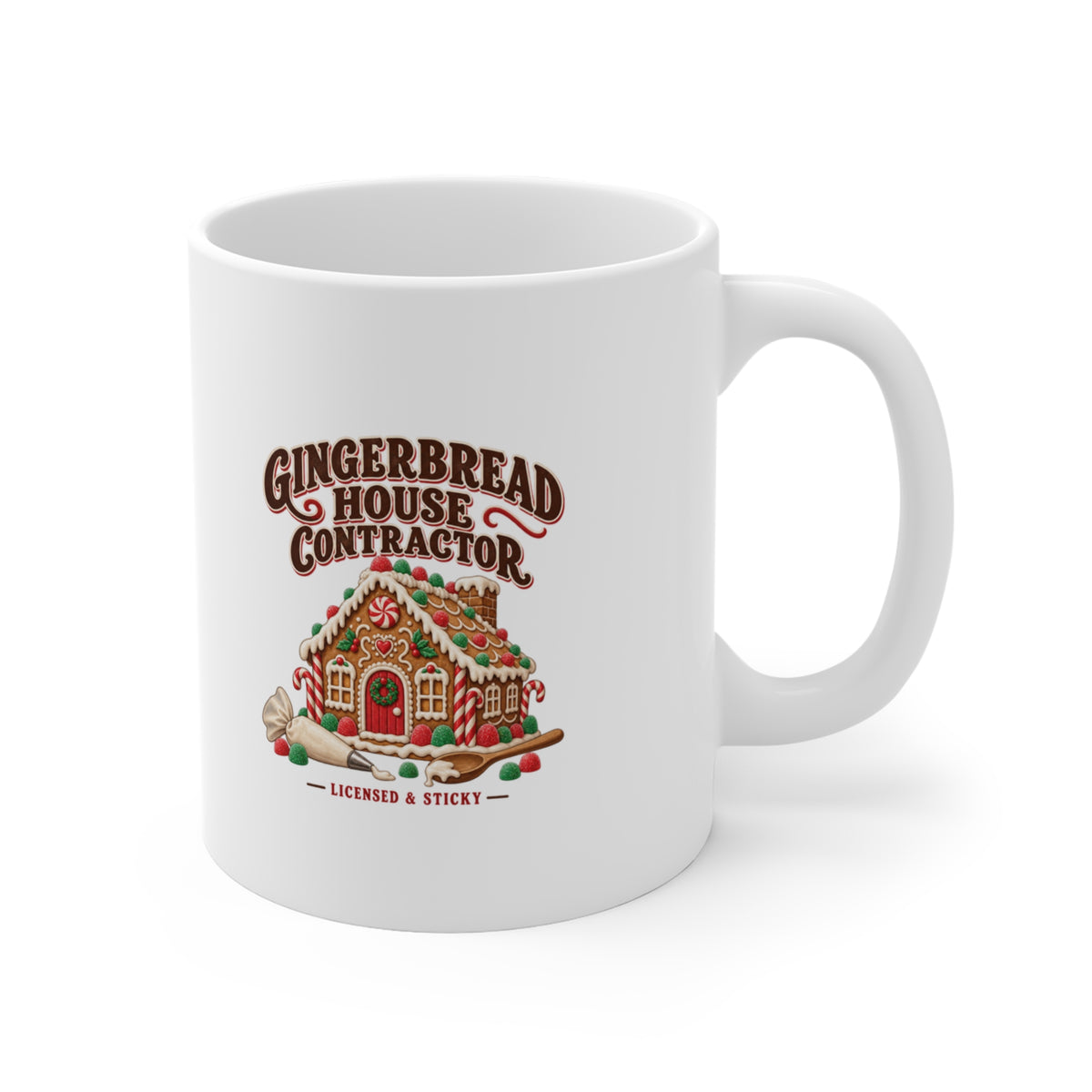 Gingerbread House Contractor Licensed and Sticky Mug, Gingerbread House Coffee Mug 11oz lifestyle