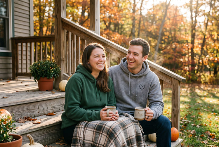 Happy couple on an autumn porch in cozy custom hoodies
