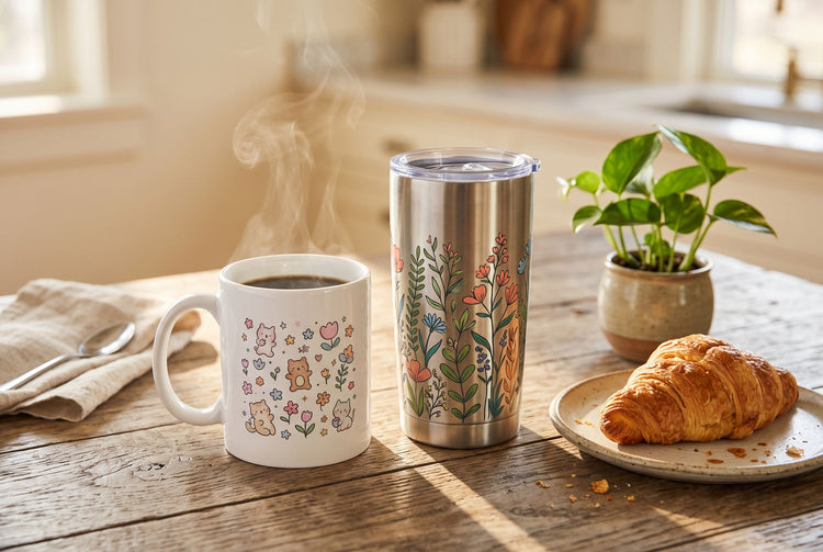 Custom printed mug and tumbler on a sunny kitchen table
