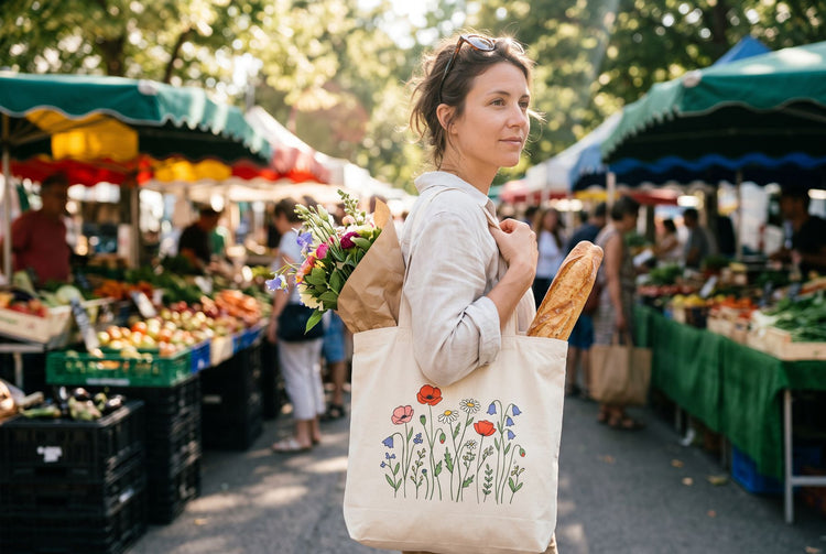 Woman at a farmers market with a custom printed canvas tote bag