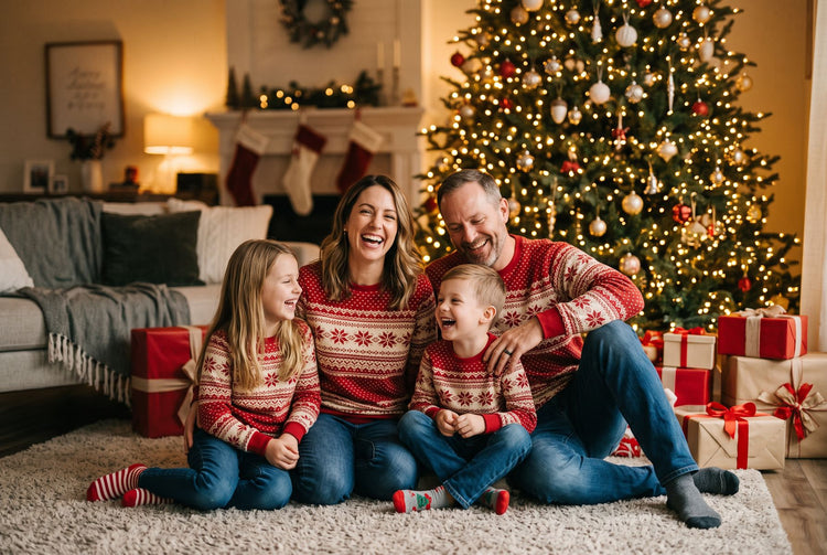 Family in matching Christmas sweatshirts by the Christmas tree