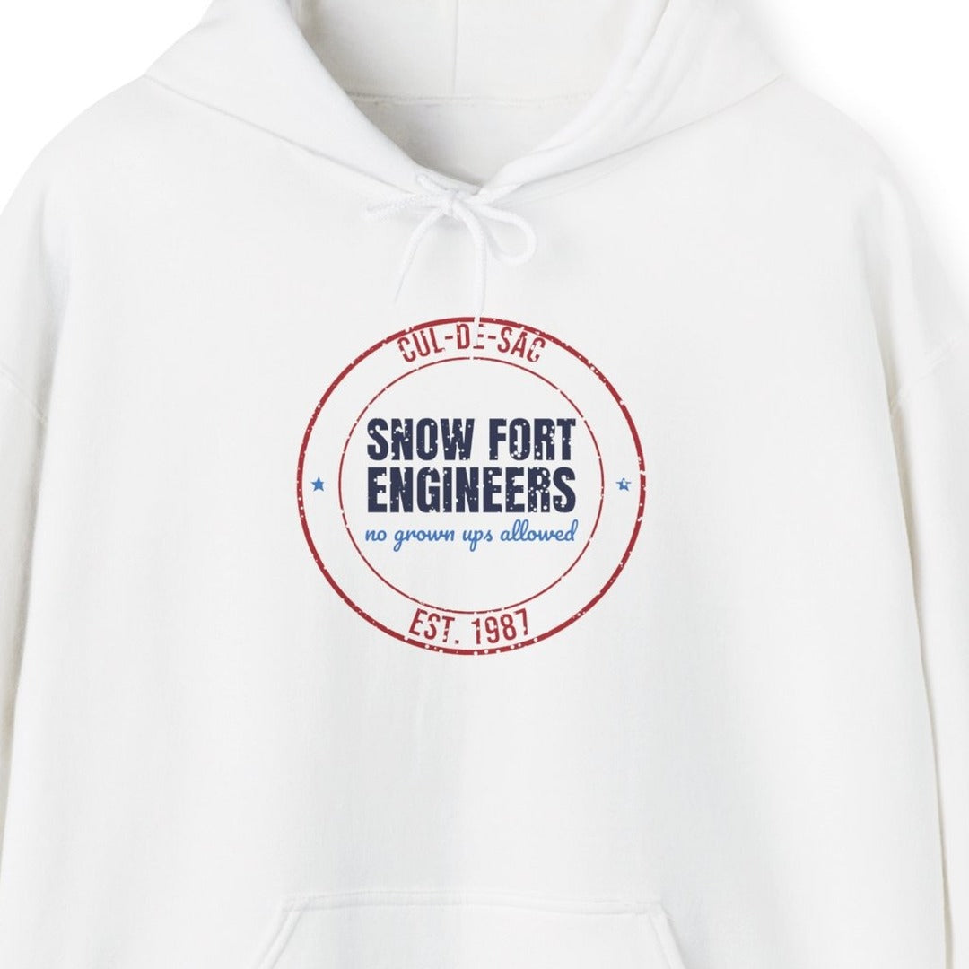 Cul-de-Sac Snow Fort Engineers Est. 1987 Hoodie, Vintage Winter Hoodie lifestyle