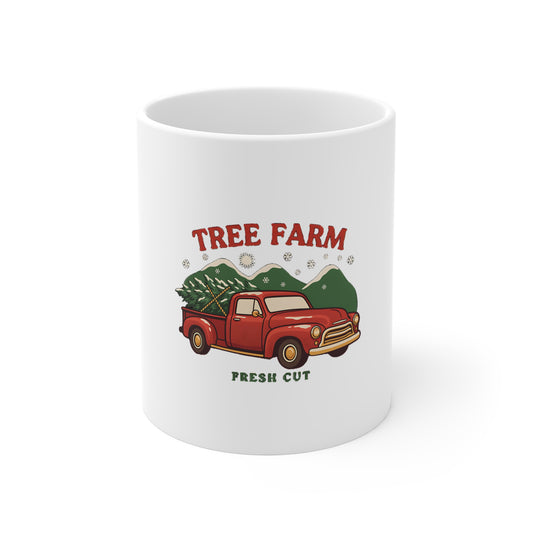 Christmas Tree Farm Mug, Vintage Red Truck Christmas Coffee Mug 11oz