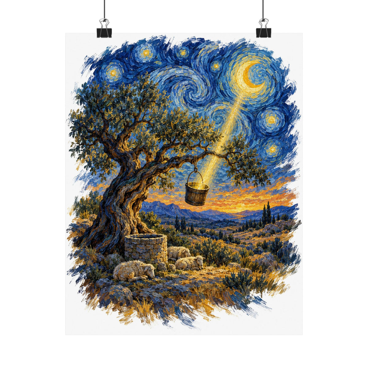 The Tree and the Empty Bucket Art Print Poster, Symbolic Oil Painting Wall Art, By Xudeyda