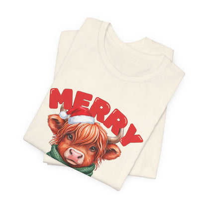 Merry Christmoos Shirt, Highland Cow Christmas T-Shirt, Cute Cow Holiday Tee