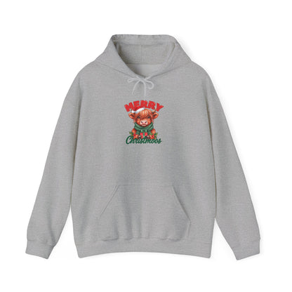 Merry Christmoos Hoodie, Highland Cow Christmas Hooded Sweatshirt
