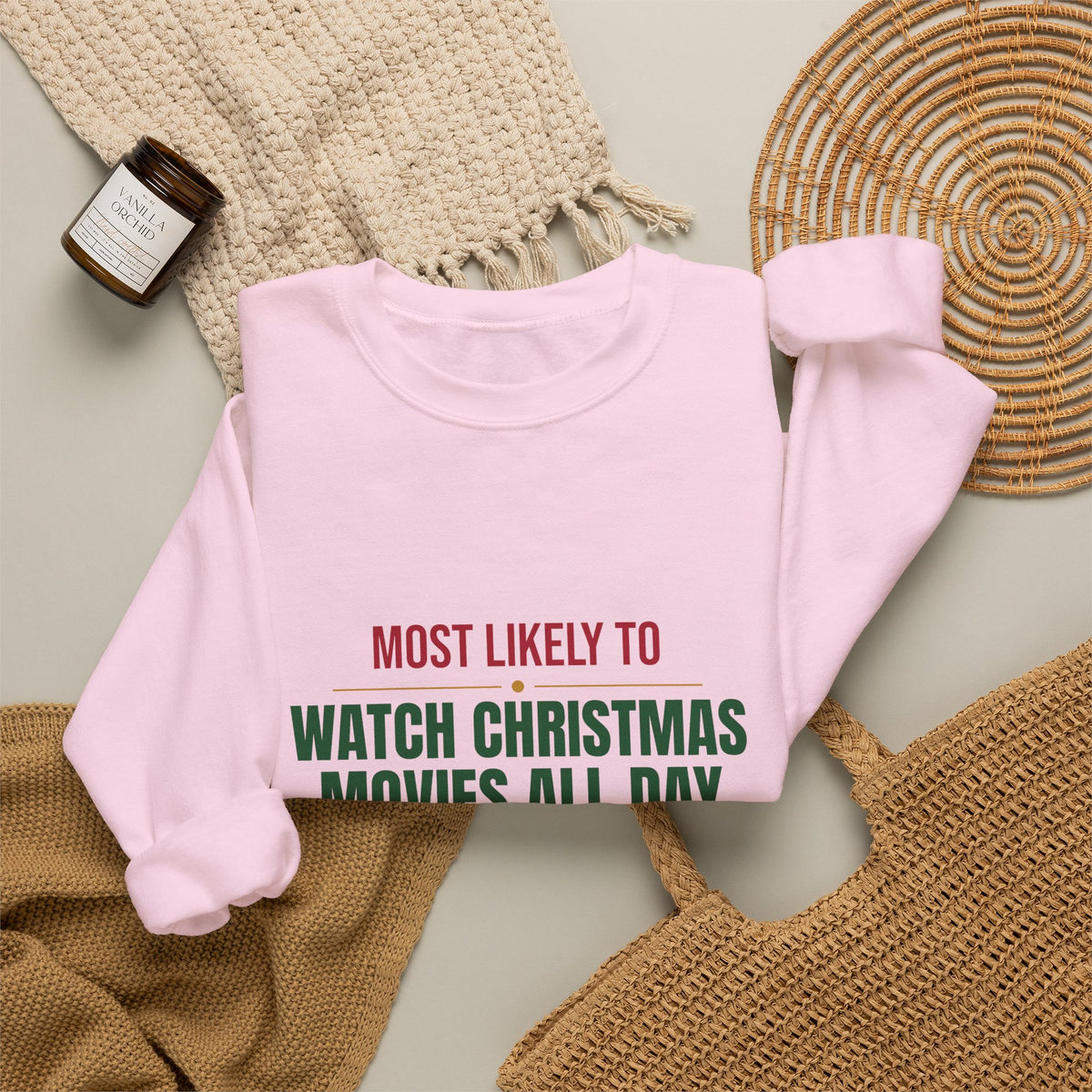 Most Likely To Watch Christmas Movies All Day Sweatshirt, Matching Family Christmas Crewneck, Funny Holiday Sweater