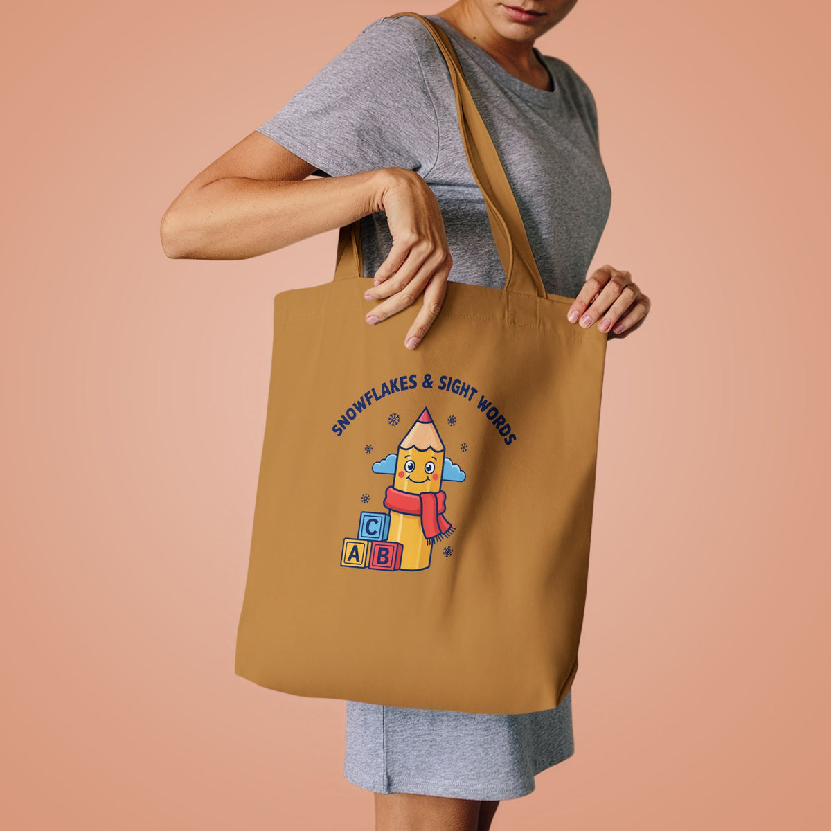 Snowflakes and Sight Words Tote Bag, Kindergarten Teacher Canvas Tote Bag