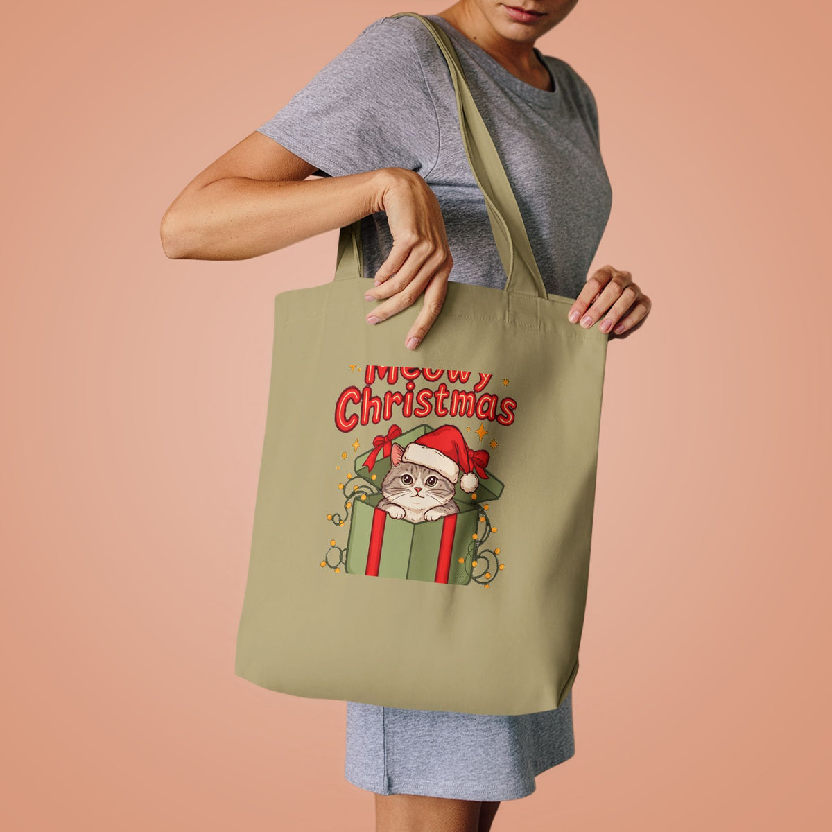 Meowy Christmas Tote Bag, Cat Lover Christmas Canvas Tote, Cat Mom Gift