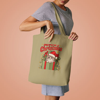 Meowy Christmas Tote Bag, Cat Lover Christmas Canvas Tote, Cat Mom Gift