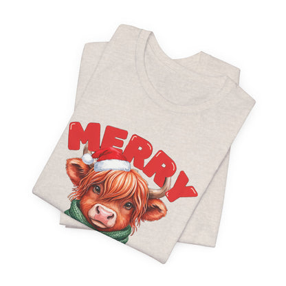 Merry Christmoos Shirt, Highland Cow Christmas T-Shirt, Cute Cow Holiday Tee