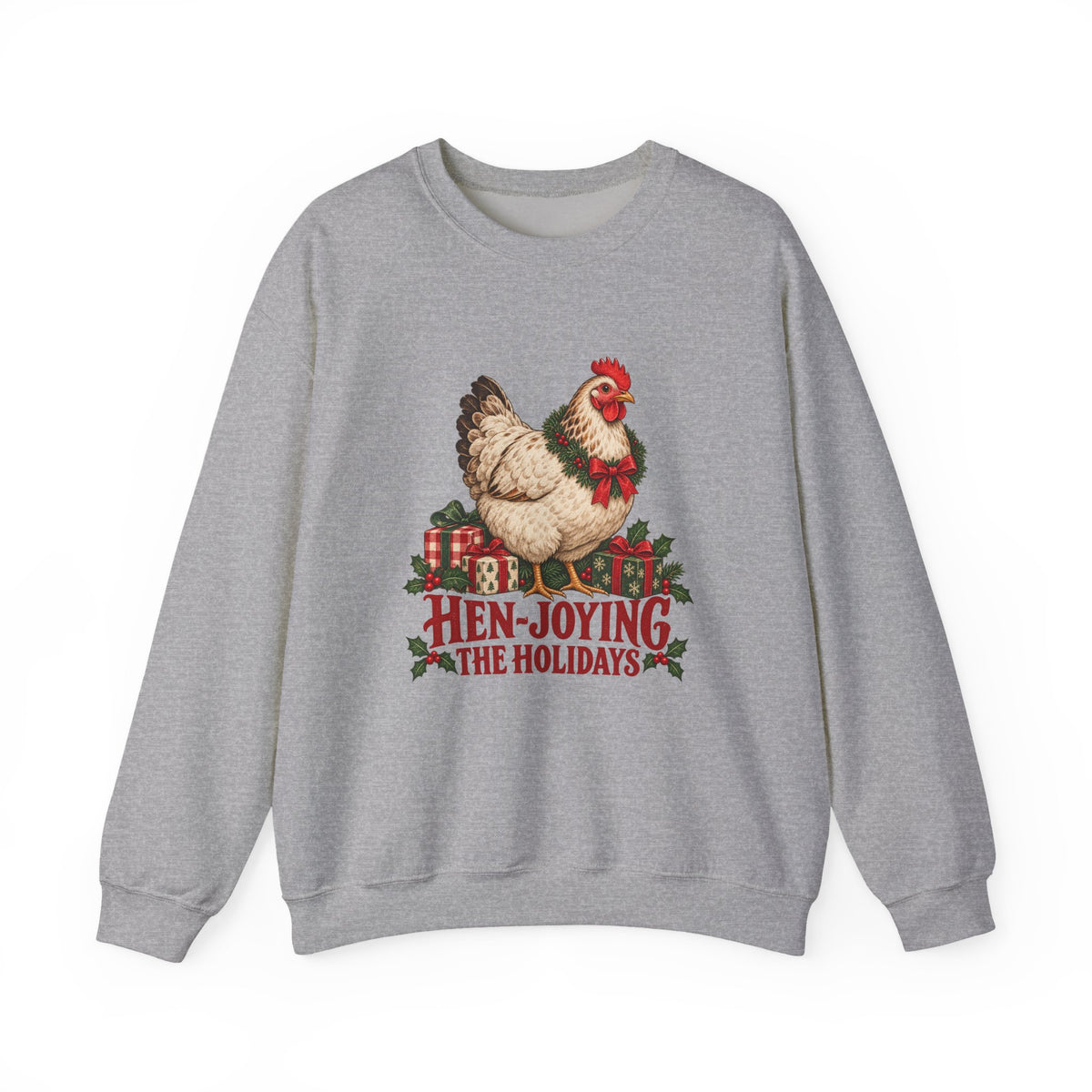Hen-joying the Holidays Farmhouse Chicken Sweatshirt, Chicken Christmas Crewneck Sweatshirt