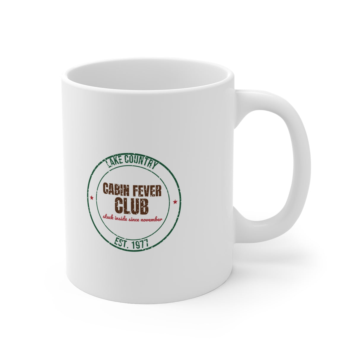 Lake Country Cabin Fever Club Est. 1977 Mug, Vintage Winter Coffee Mug 11oz lifestyle