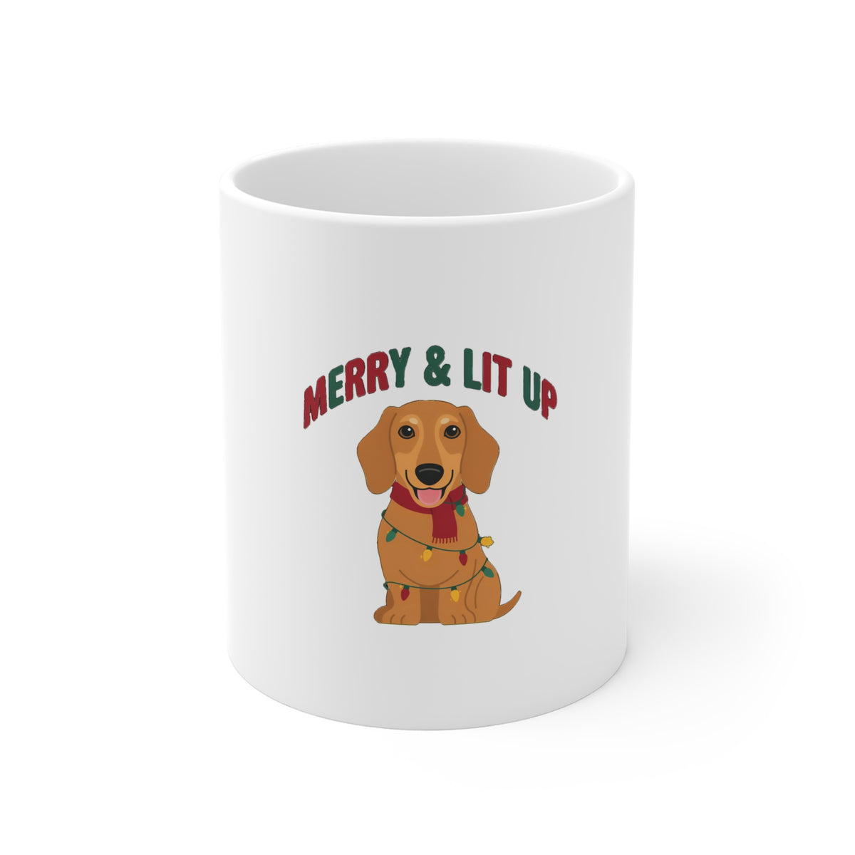 Merry and Lit Up Dachshund Christmas Lights Mug, Dachshund Christmas Lights Mug 11oz
