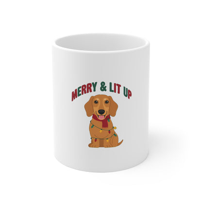 Merry and Lit Up Dachshund Christmas Lights Mug, Dachshund Christmas Lights Mug 11oz