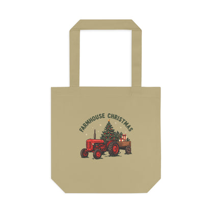 Farmhouse Christmas Red Tractor Tote Bag, Farmhouse Christmas Tractor Canvas Tote Bag