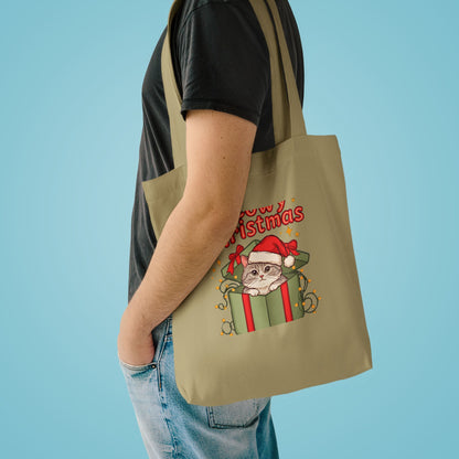 Meowy Christmas Tote Bag, Cat Lover Christmas Canvas Tote, Cat Mom Gift