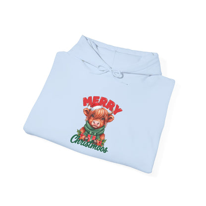 Merry Christmoos Hoodie, Highland Cow Christmas Hooded Sweatshirt