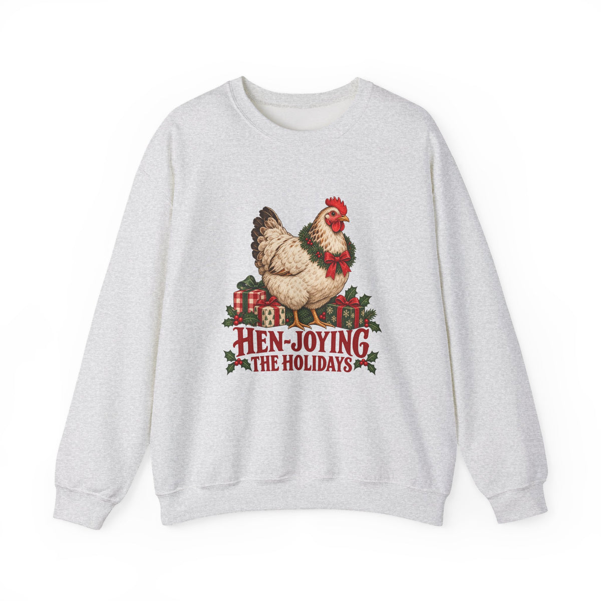Hen-joying the Holidays Farmhouse Chicken Sweatshirt, Chicken Christmas Crewneck Sweatshirt