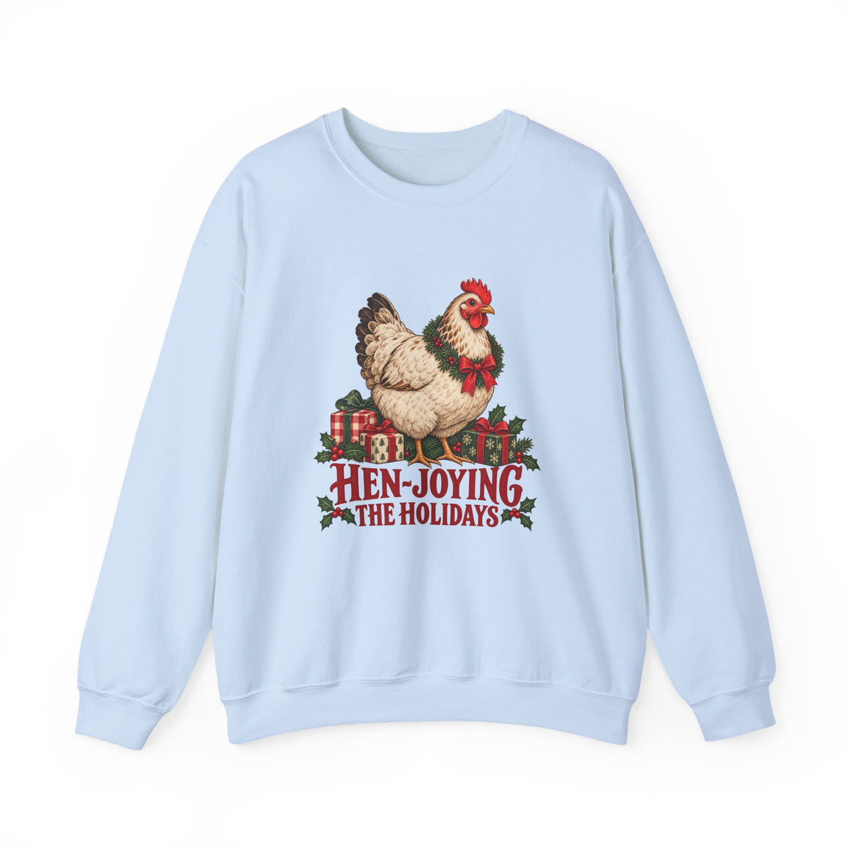 Hen-joying the Holidays Farmhouse Chicken Sweatshirt, Chicken Christmas Crewneck Sweatshirt