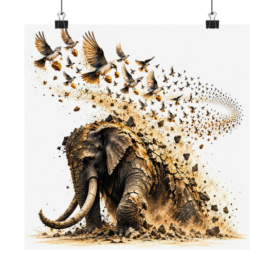 The Elephant and the Birds Art Print Poster, Symbolic Fine Art Wall Art, By Xudeyda