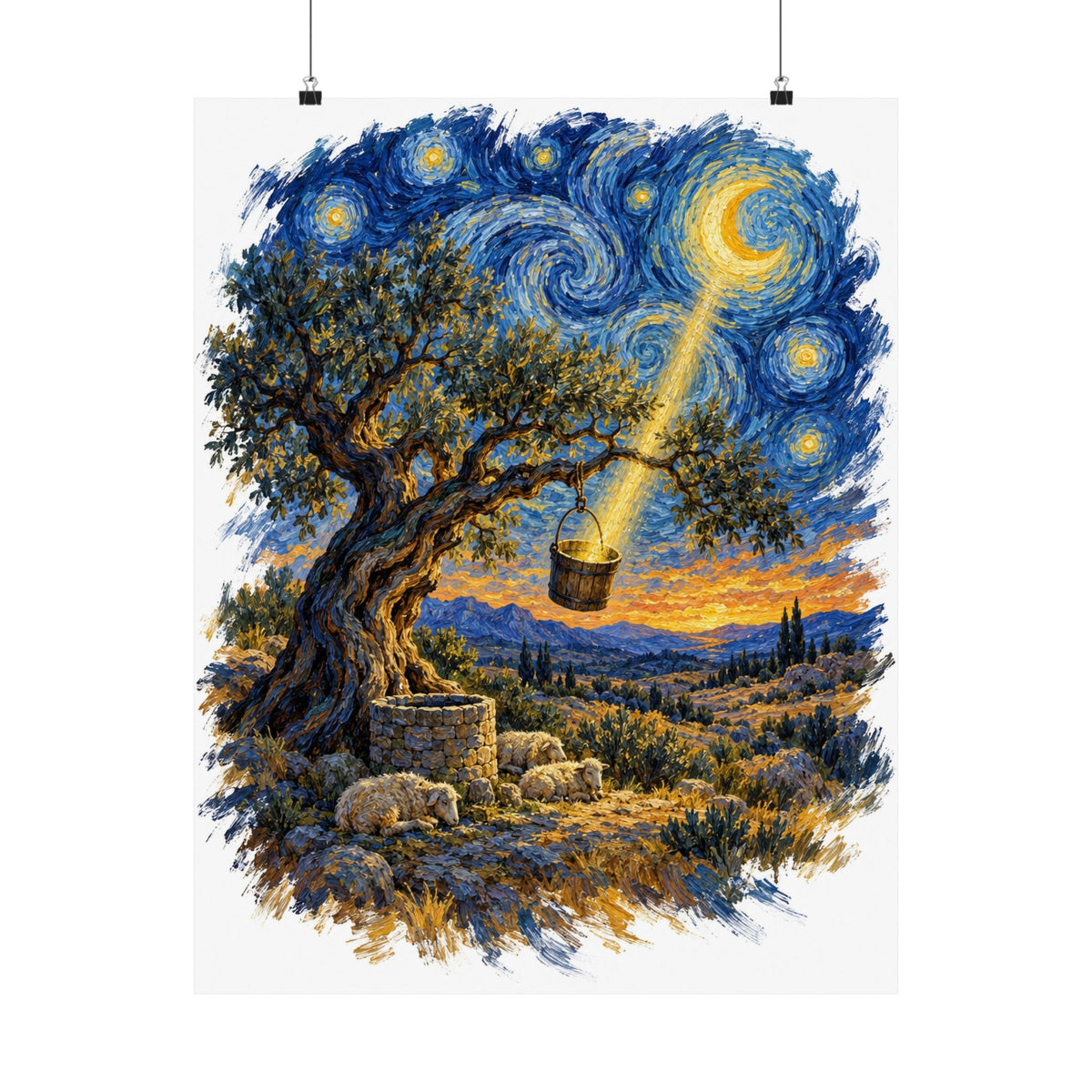 The Tree and the Empty Bucket Art Print Poster, Symbolic Oil Painting Wall Art, By Xudeyda