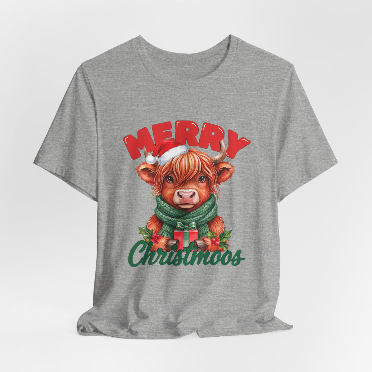 Merry Christmoos Shirt, Highland Cow Christmas T-Shirt, Cute Cow Holiday Tee