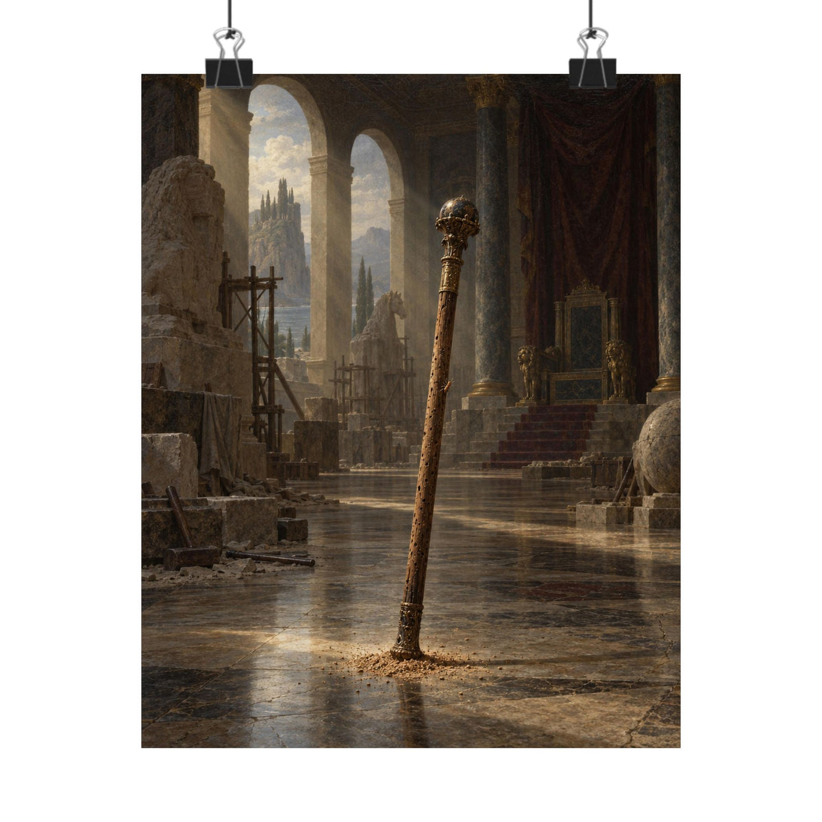 The Staff in the Empty Throne Room Art Print Poster, Symbolic Oil Painting Wall Art, By Xudeyda