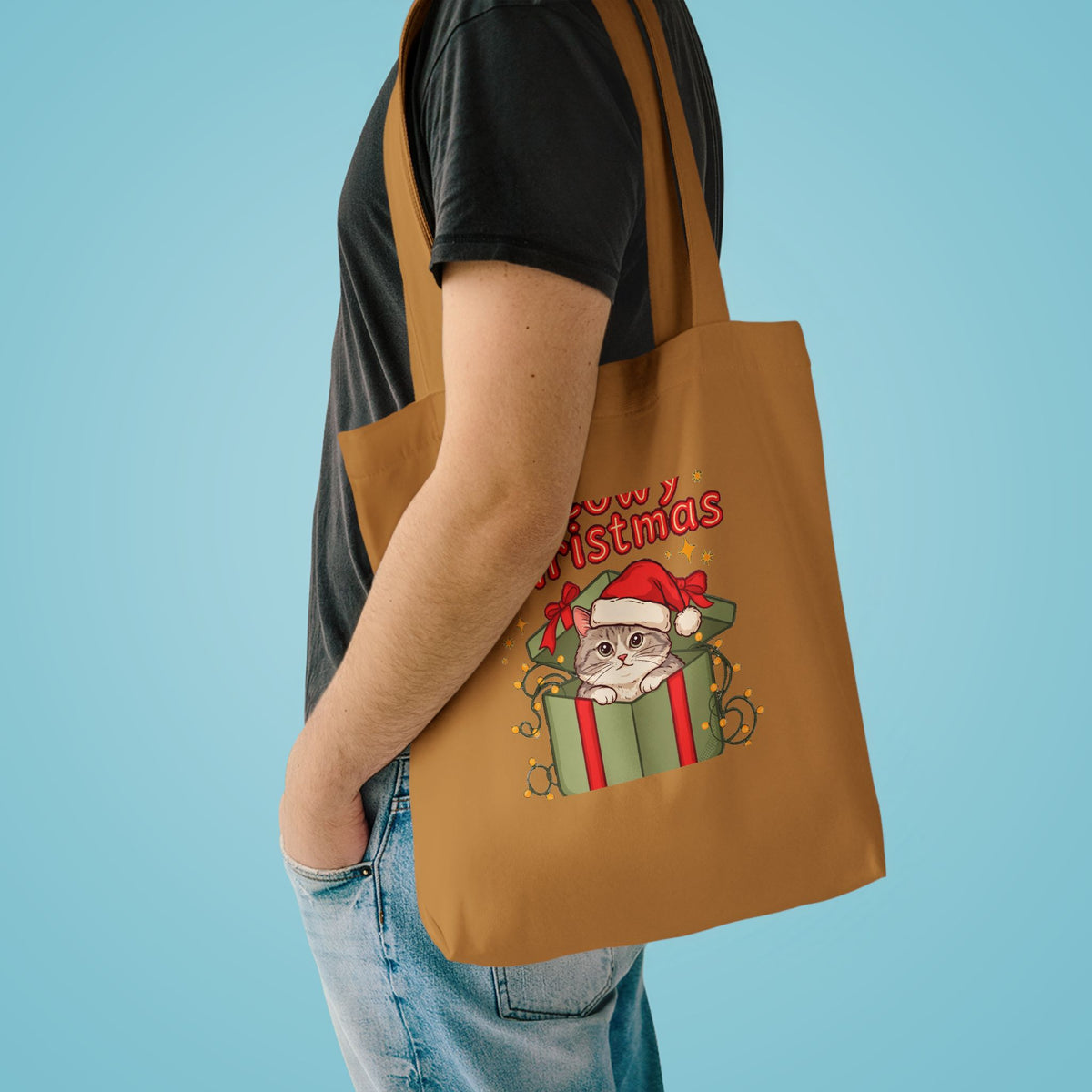 Meowy Christmas Tote Bag, Cat Lover Christmas Canvas Tote, Cat Mom Gift
