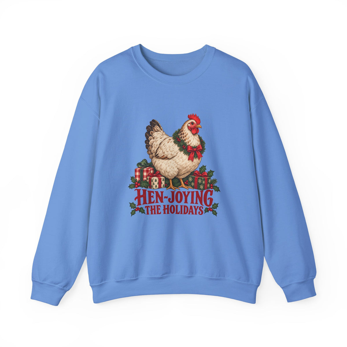 Hen-joying the Holidays Farmhouse Chicken Sweatshirt, Chicken Christmas Crewneck Sweatshirt