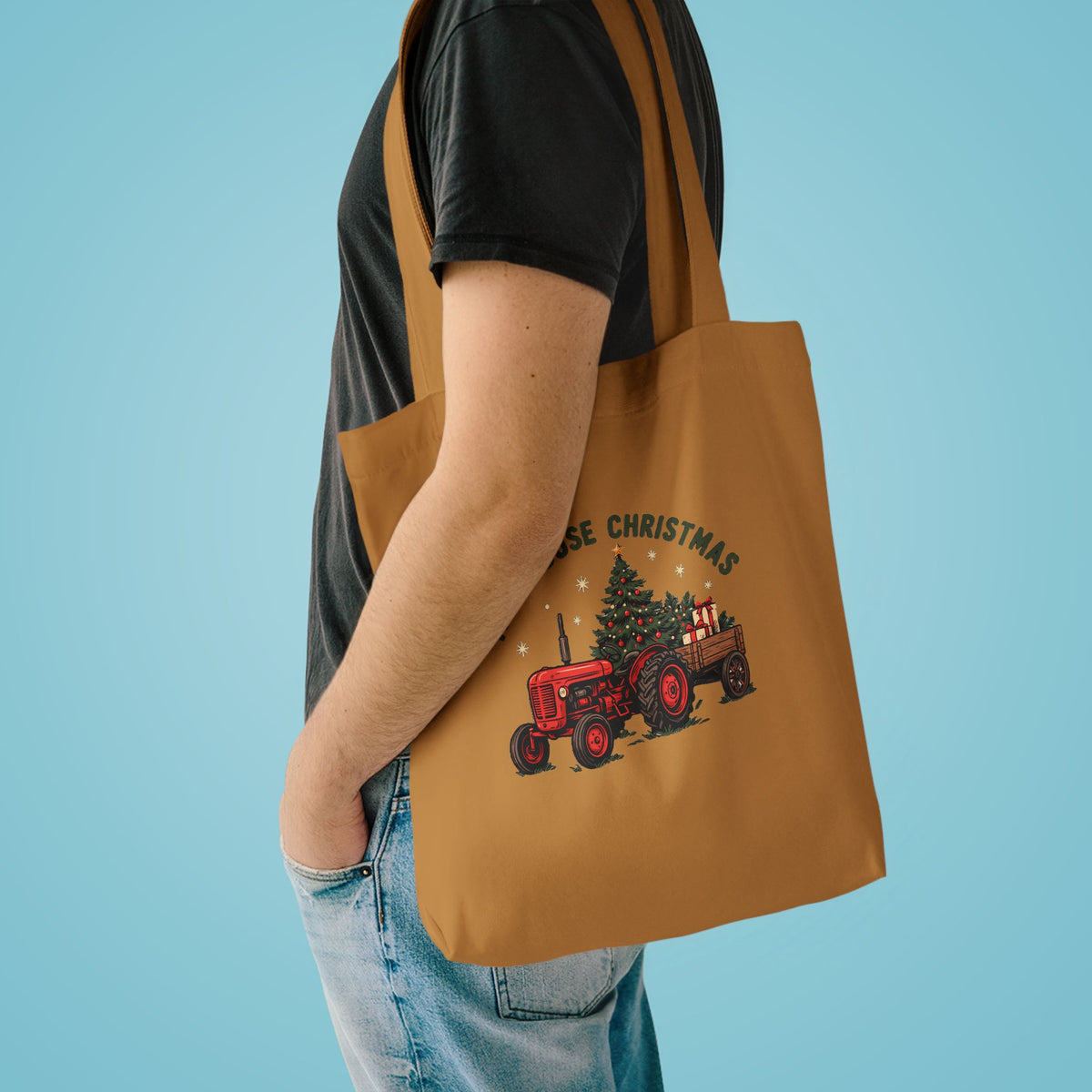 Farmhouse Christmas Red Tractor Tote Bag, Farmhouse Christmas Tractor Canvas Tote Bag