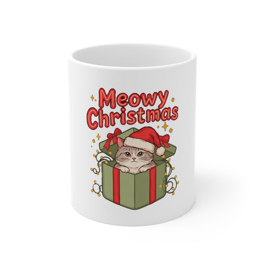 Meowy Christmas Mug, Cat Christmas Coffee Mug, Cat Lover Gift 11oz