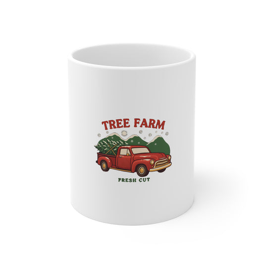 Christmas Tree Farm Mug, Vintage Red Truck Christmas Coffee Mug 11oz
