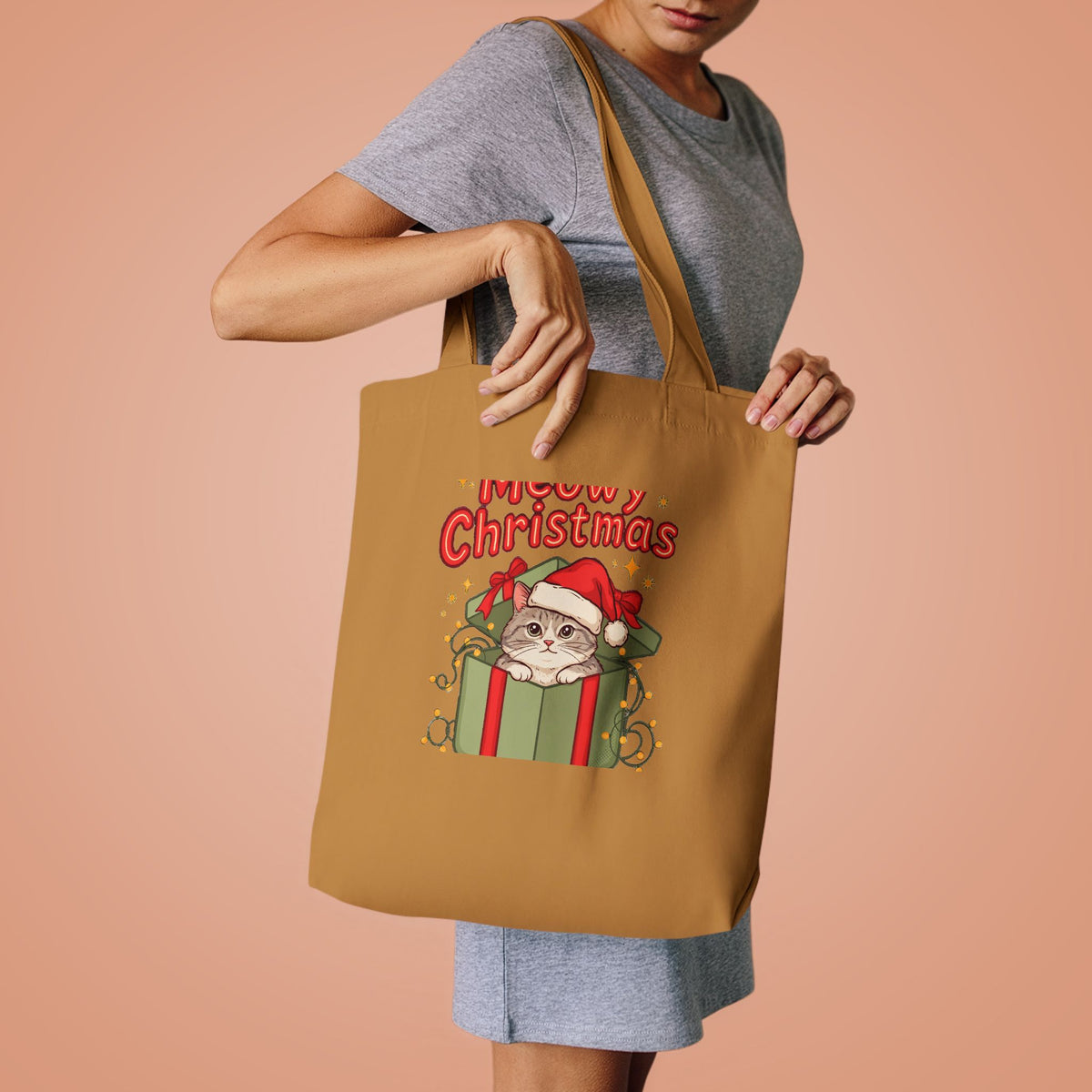 Meowy Christmas Tote Bag, Cat Lover Christmas Canvas Tote, Cat Mom Gift
