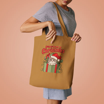 Meowy Christmas Tote Bag, Cat Lover Christmas Canvas Tote, Cat Mom Gift