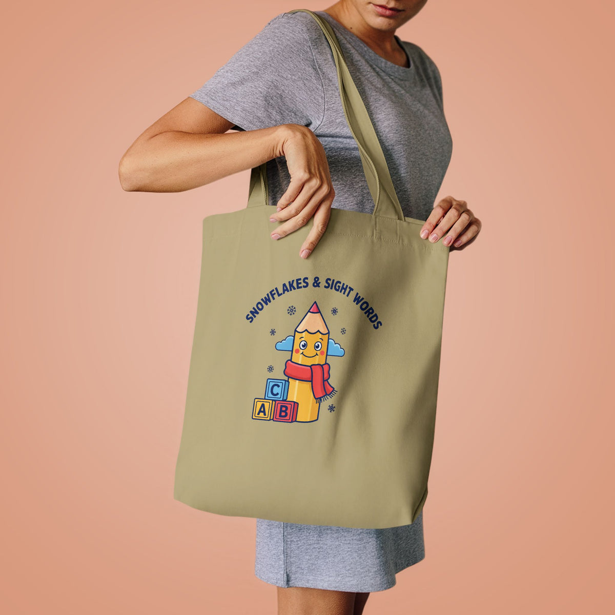 Snowflakes and Sight Words Tote Bag, Kindergarten Teacher Canvas Tote Bag