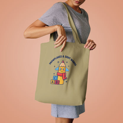 Snowflakes and Sight Words Tote Bag, Kindergarten Teacher Canvas Tote Bag