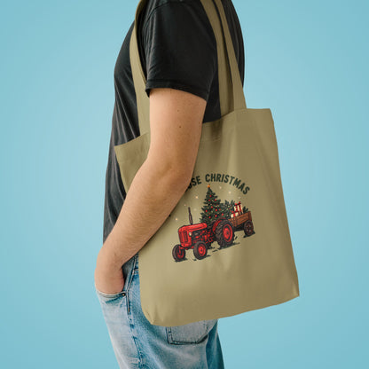 Farmhouse Christmas Red Tractor Tote Bag, Farmhouse Christmas Tractor Canvas Tote Bag