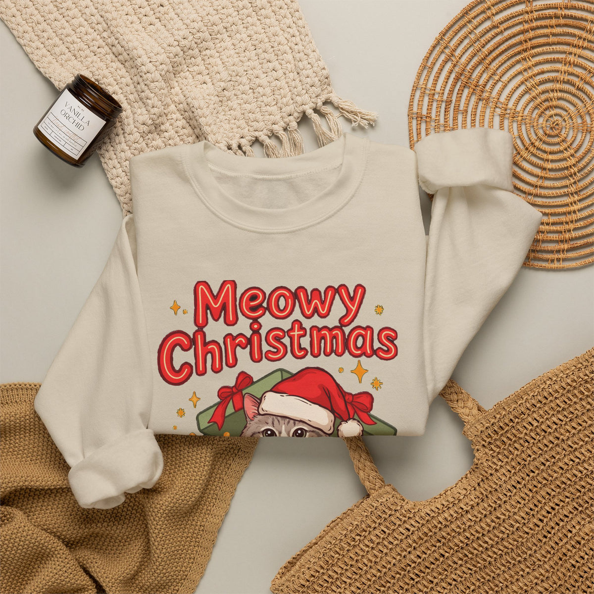 Meowy Christmas Sweatshirt, Cute Cat Christmas Crewneck, Cozy Cat Lover Sweater