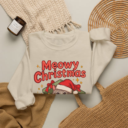Meowy Christmas Sweatshirt, Cute Cat Christmas Crewneck, Cozy Cat Lover Sweater