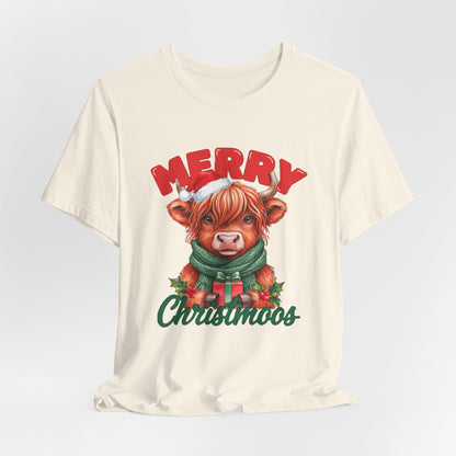 Merry Christmoos Shirt, Highland Cow Christmas T-Shirt, Cute Cow Holiday Tee