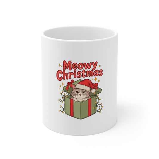 Meowy Christmas Mug, Cat Christmas Coffee Mug, Cat Lover Gift 11oz