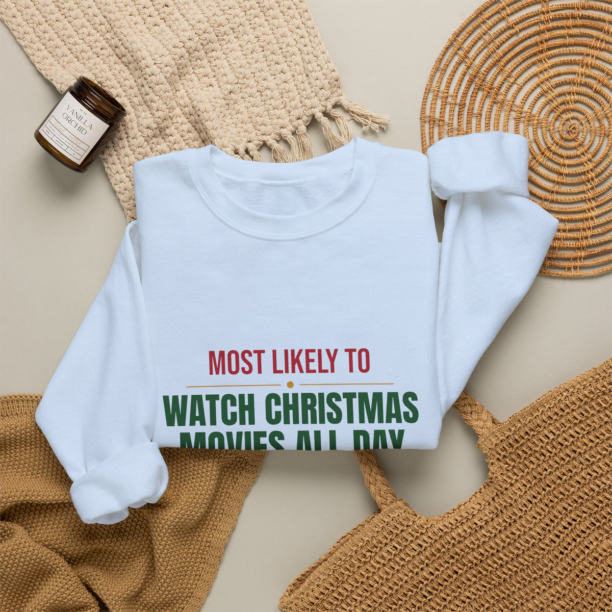 Most Likely To Watch Christmas Movies All Day Sweatshirt, Matching Family Christmas Crewneck, Funny Holiday Sweater