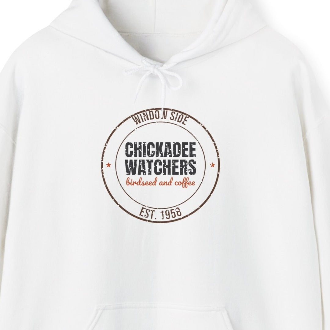 Window Side Chickadee Watchers Est. 1958 Hoodie, Vintage Birding Hoodie lifestyle