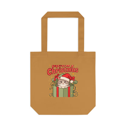 Meowy Christmas Tote Bag, Cat Lover Christmas Canvas Tote, Cat Mom Gift