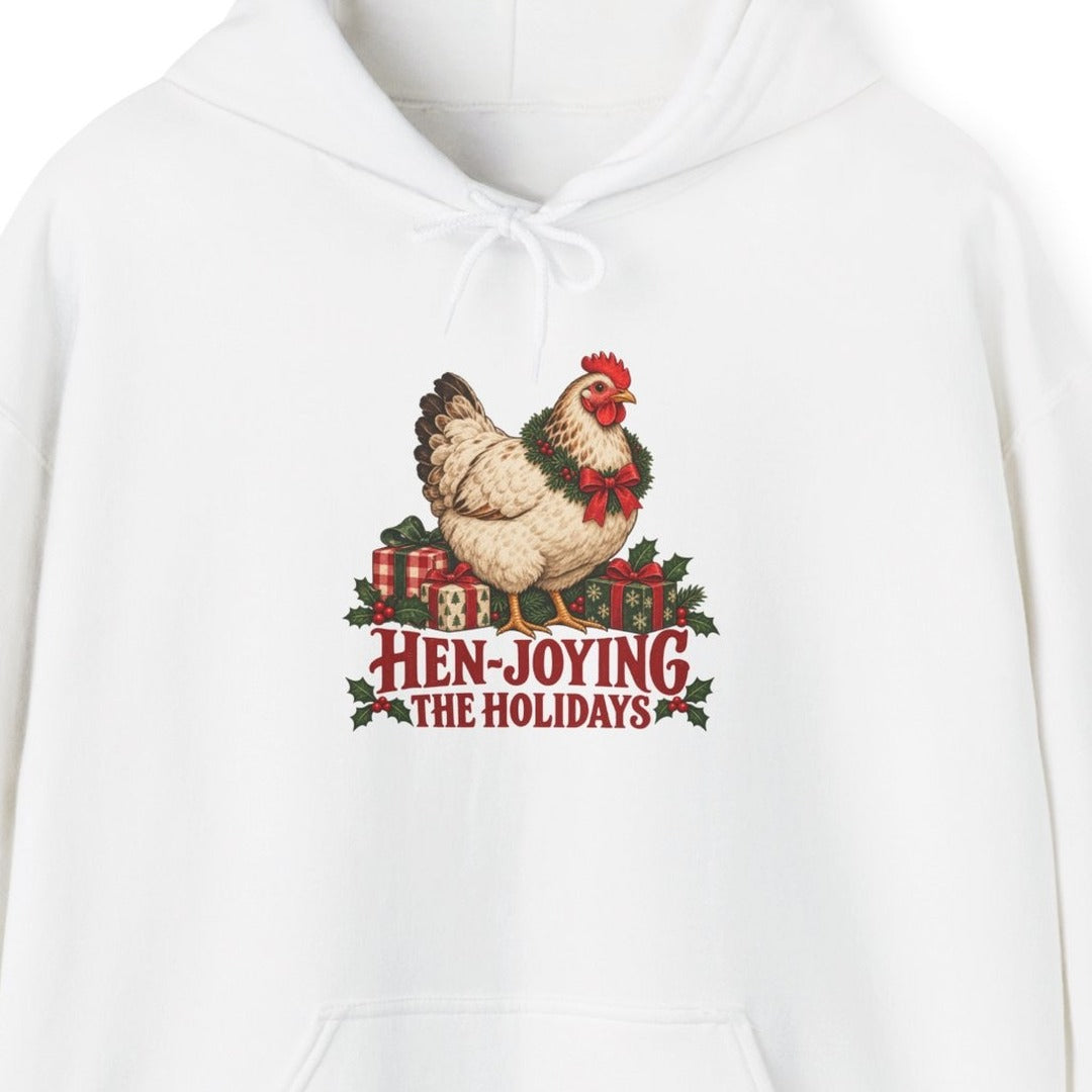 Hen-joying the Holidays Farmhouse Chicken Hoodie, Chicken Christmas Hoodie lifestyle